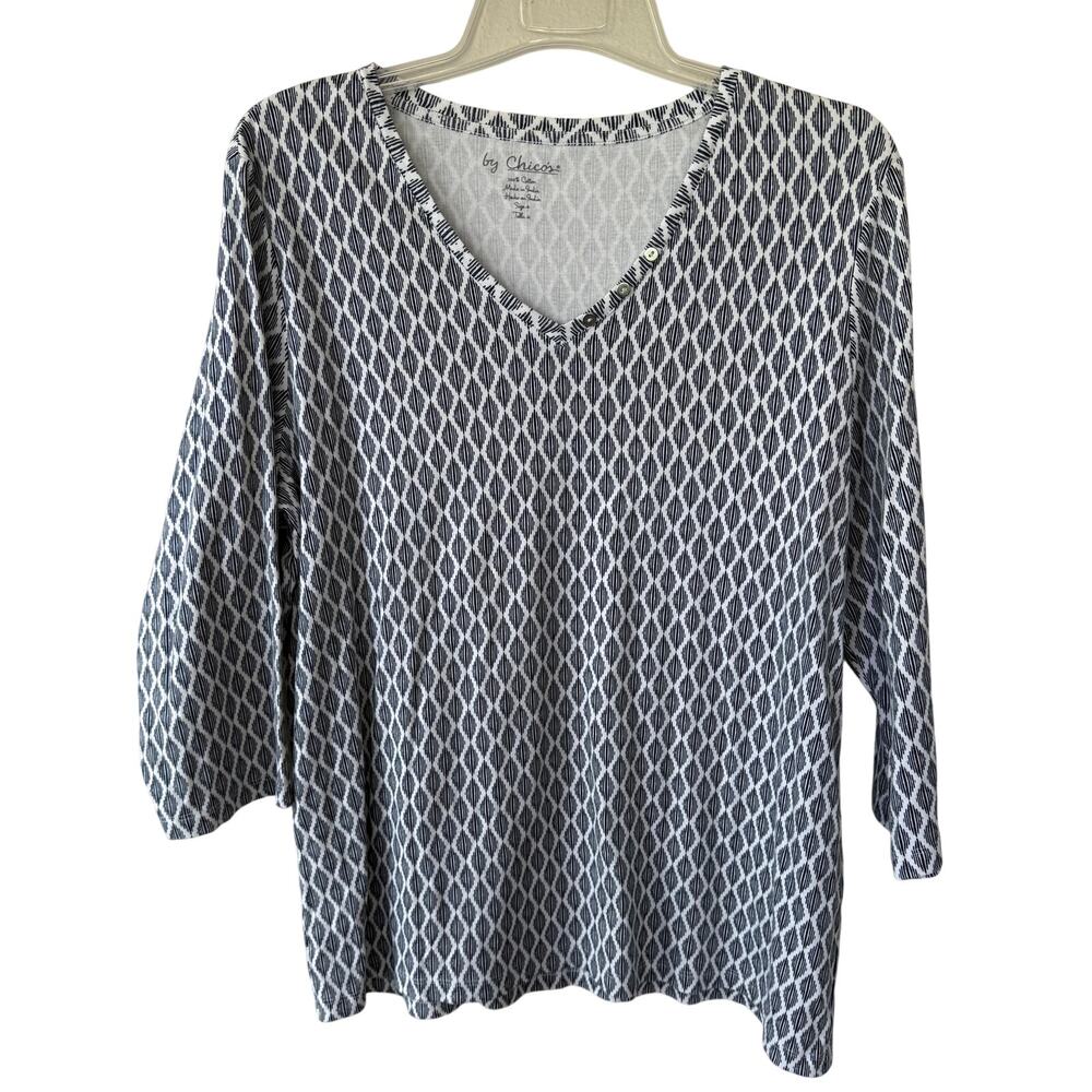 Chico's 3/4 sleeve blouse blue white geometric pattern Size XXL
